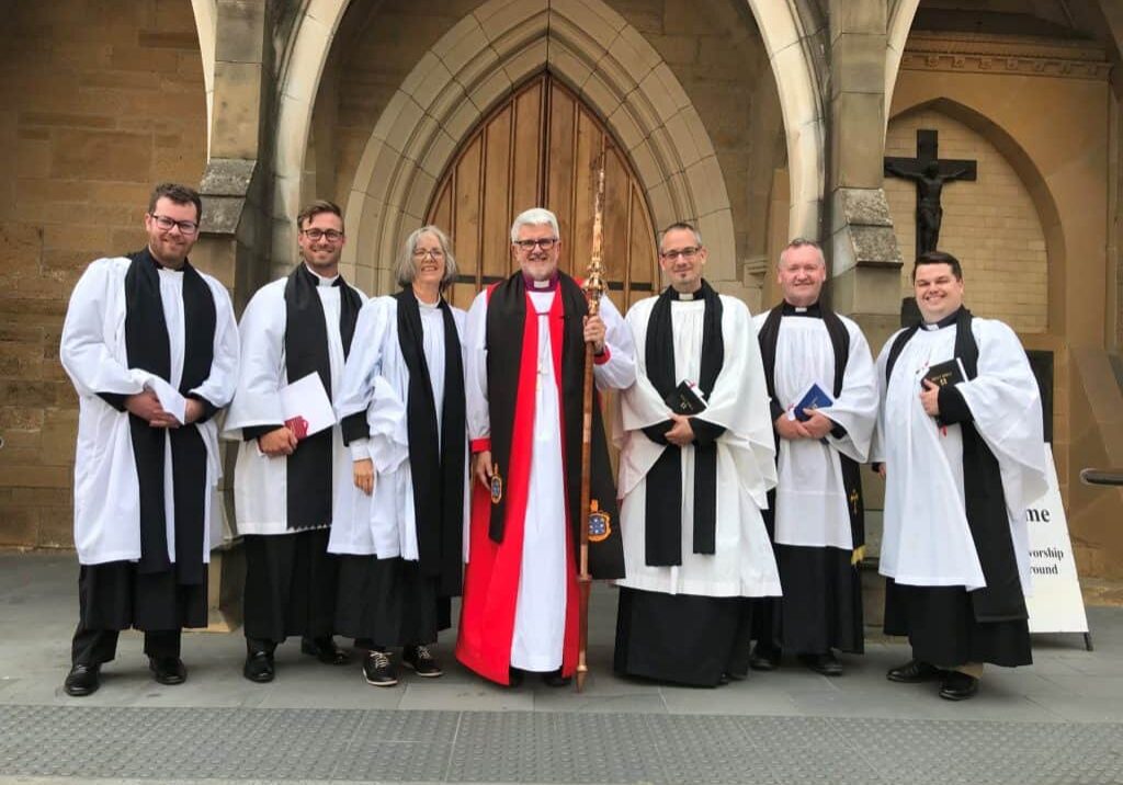 From Left - Deacons: Alan Reader, Mark North & Elizabeth Poland, Bishop Richard, Priests: Christoph Ochs, Jamie Bester & Alastair Crouch.